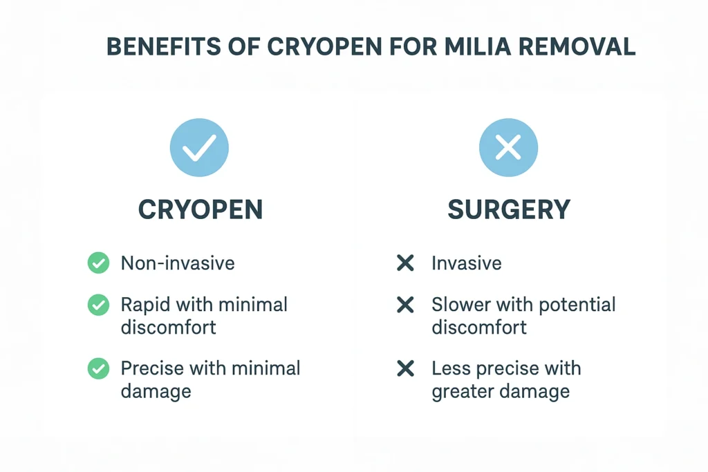 Benefits of cryopen for milia removal Camberley compared to surgical treatments.