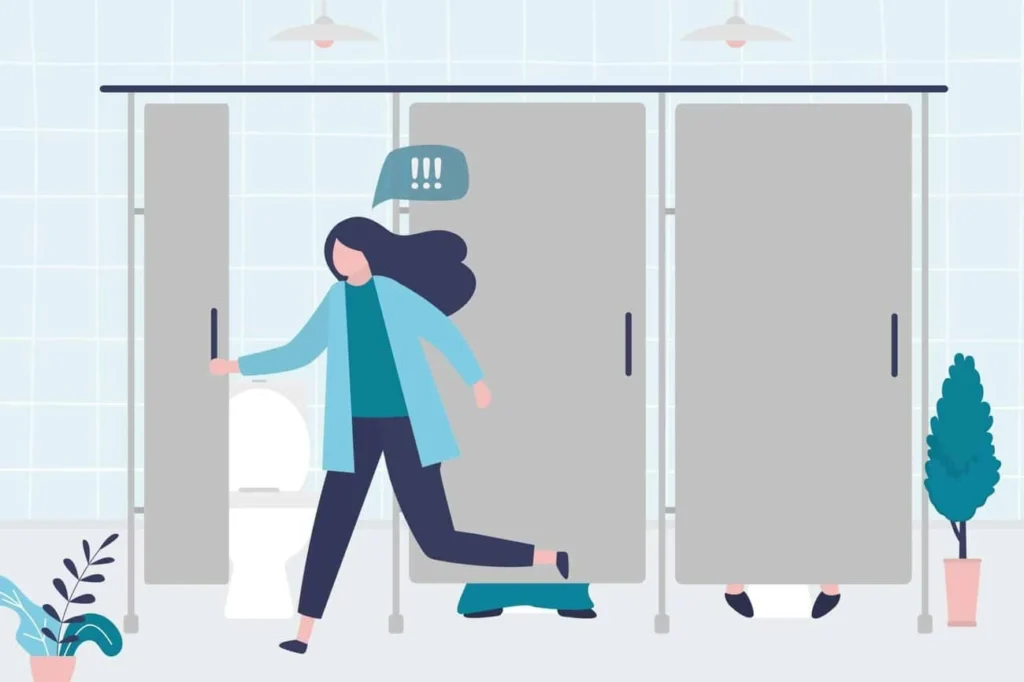 graphic of Urine incontinence Camberley woman running to the toilet.