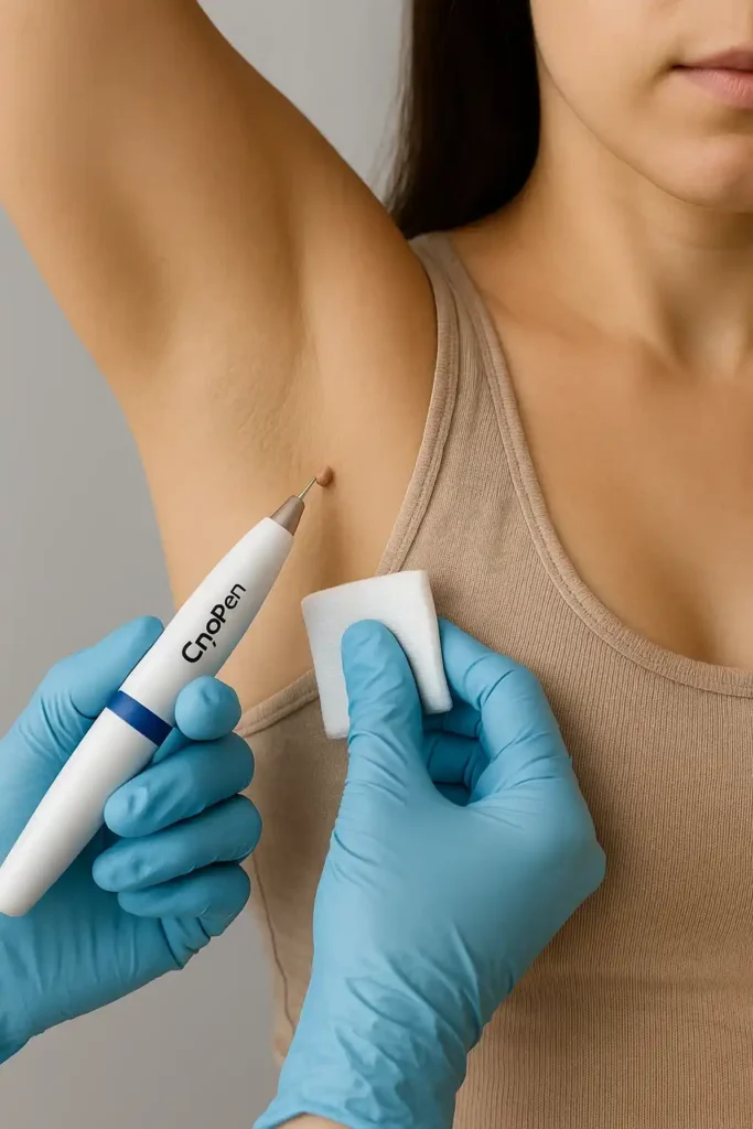 woman having cryopen to remove underarm skin tags Camberley