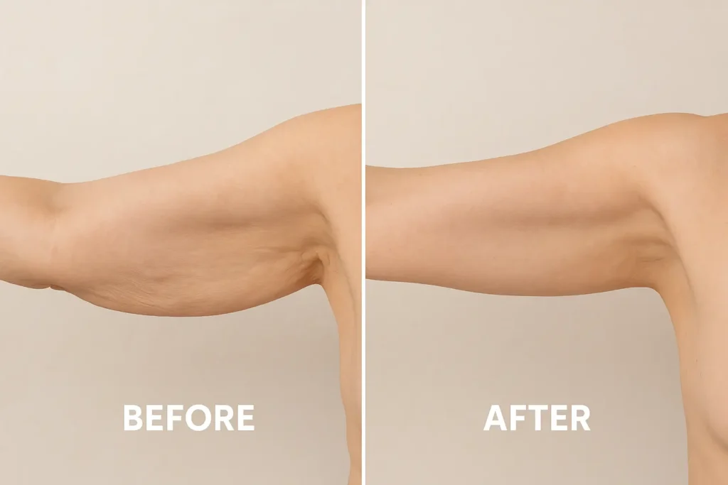 Picture of LA LIPO Camberley before and after results of skin tightening treatment on the upper arms.
