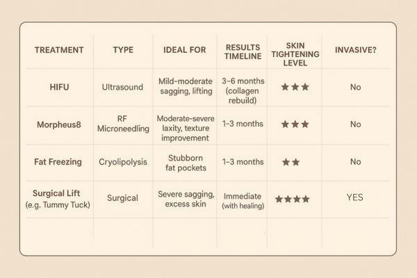 Table showing the comparisons of Skin tightening Camberley treatment options. 